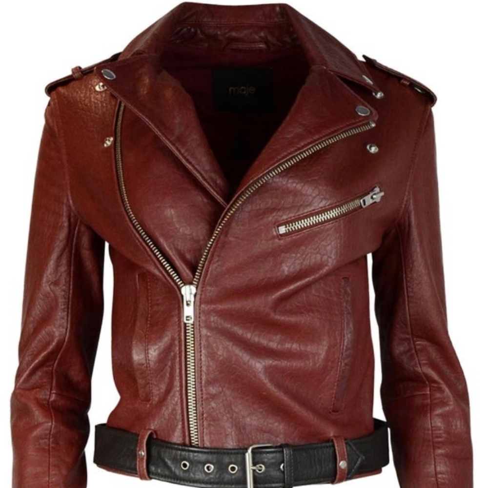 Maje Burgundy Leather Moto Jacket